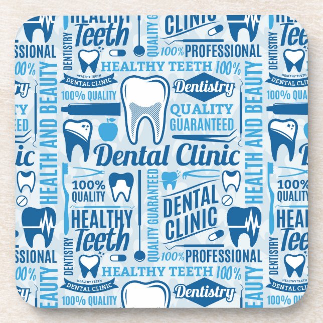 Blue Dental Clinic Pattern Beverage Coaster (Front)
