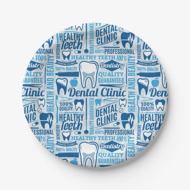 Blue Dental Clinic Pattern Paper Plates (Front)