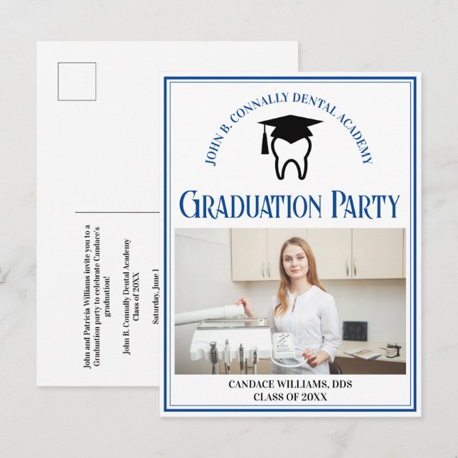 Blue Dental School Photo Custom Graduation Party Invitation Postcard (Front/Back)