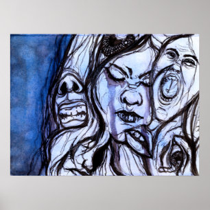 Blue Depression Girl Portrait Watercolor Painting Poster