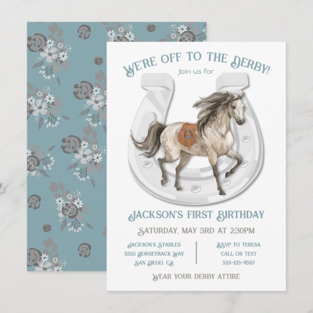 Blue Derby Horse Racing Birthday Party Invitation (Front/Back)
