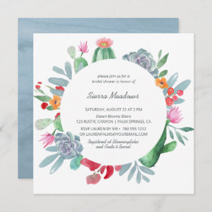Blue Desert Cactus Flower Wreath Bridal Shower Invitation