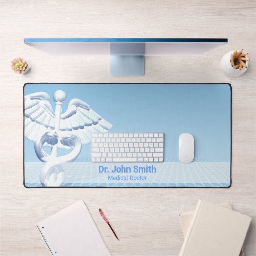Blue Design White 3D Caduceus Medical Desk Mat