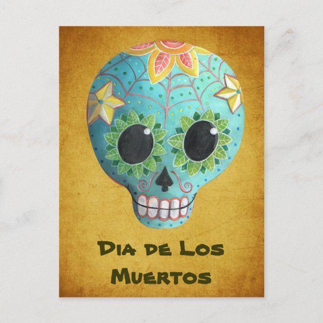 Blue Dia de Los Muertos Art Sugar Skull Postcard (Front)