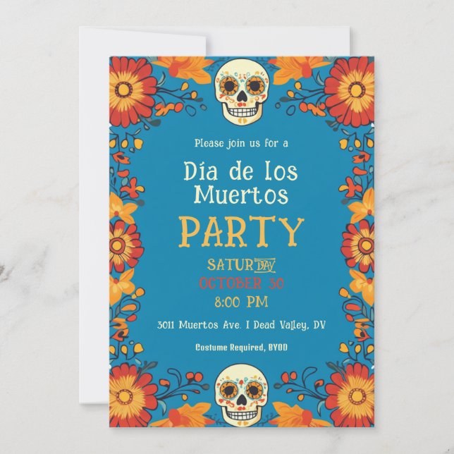 💀🎉 Blue Día de Muertos Party Invitation (Front)