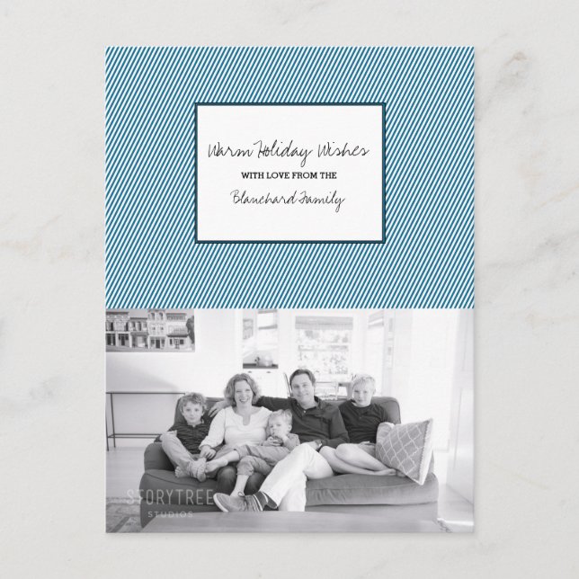 Blue Diagonal Festive Stripes Holiday Photo Postcard (Front)