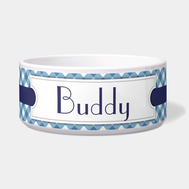 Blue Diagonal Plaid Personalized Pet Bowl (Front)