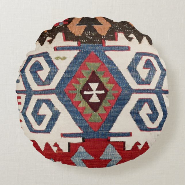 Blue Diamond Arrow Konya // 19th Century Round Pillow (Front)