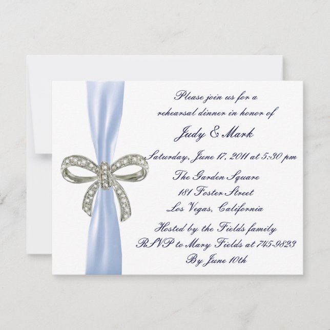 Blue Diamond Bow Wedding Rehearsal Dinner Invite (Front)