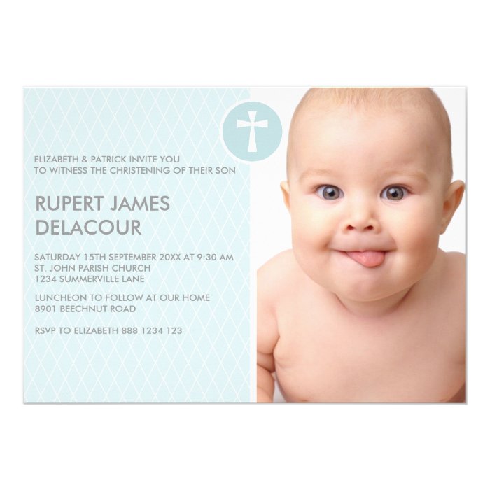 Blue Diamond Cross Photo Christening Invitation