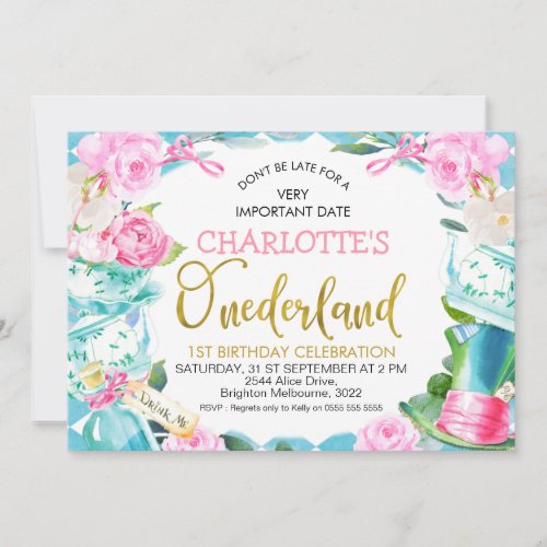 Blue Diamond Floral Alice In Oderland Birthday Invitation