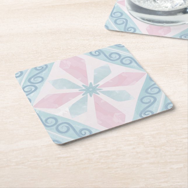 Blue Diamond Geometric Pattern Square Paper Coaster (Angled)