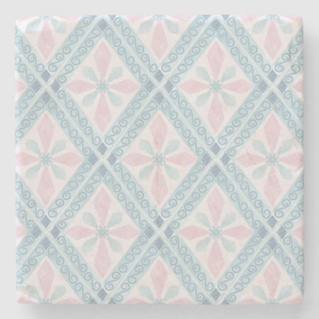 Blue Diamond Geometric Pattern Stone Coaster (Front)