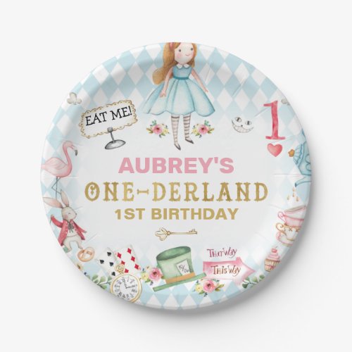 Blue Diamond Gold Alice One_derland 1st Birthday Paper Plates