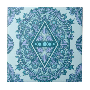 Blue Diamond Mandala   Ornate Turquoise & Lavender Ceramic Tile