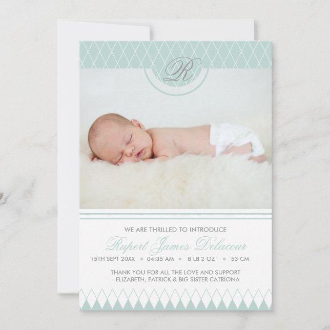 Blue Diamond Pattern Photo Birth Announcement (Front)