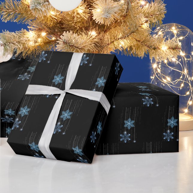 Blue Diamond Snowflakes on Black Wrapping Paper (Holidays)