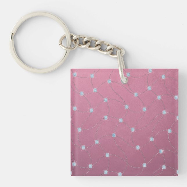 Blue diamond stitched on pink leather keychain (Front)