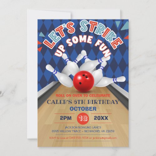 Blue Diamond Stripe Lets Strike Bowling Birthday Invitation