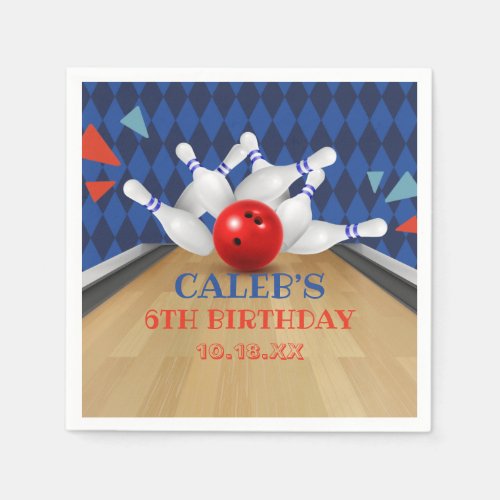 Blue Diamond Stripe Lets Strike Bowling Birthday Napkins