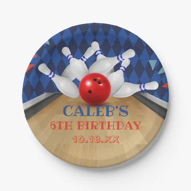 Blue Diamond Stripe Lets Strike Bowling Birthday Paper Plates (Front)
