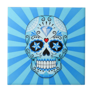 Blue Diamond Sugar Skull Ceramic Tile