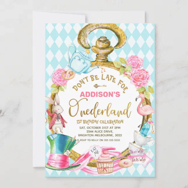 Blue Diamond Watch Alice In Onederland Birthday Invitation | Zazzle