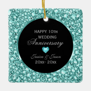 Blue Diamonds And Black Damask 10th Anniversary Ceramic Ornament
