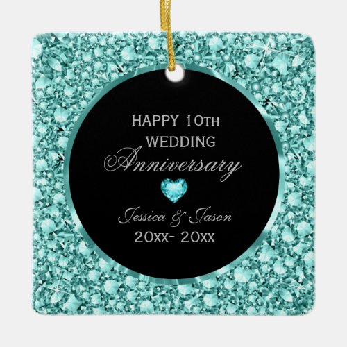 Blue Diamonds And Black Damask 10th Anniversary Ceramic Ornament