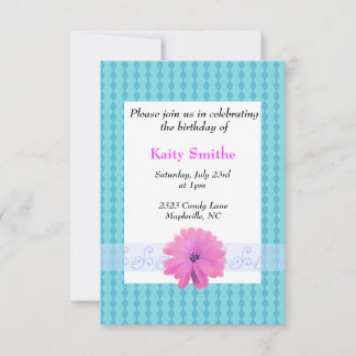Blue Diamonds and Floral Birthday Invitation