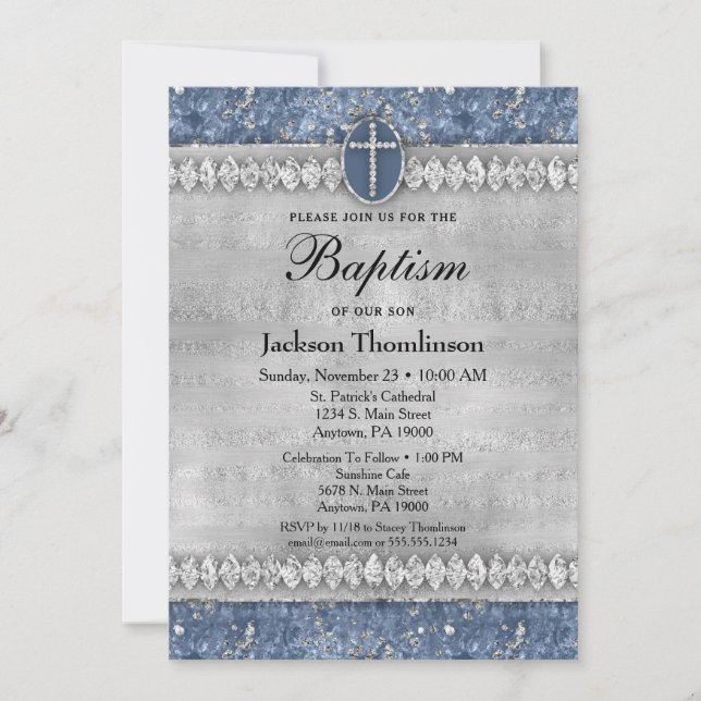 Blue Diamonds Boys Baptism Invitation Communion (Front)