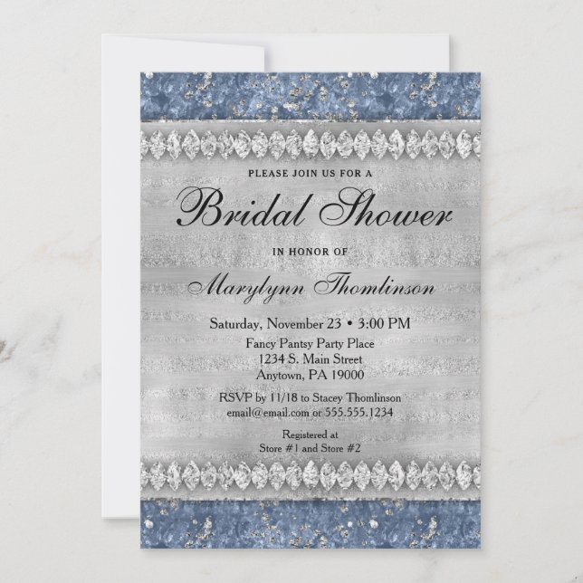 Blue Diamonds Bridal Shower Invitation Silver (Front)