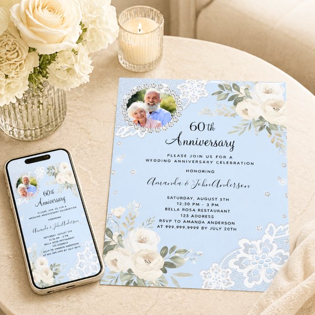 Blue diamonds florals 60th wedding anniversary invitation (Creator Uploaded)