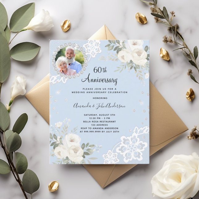 Blue diamonds florals 60th wedding invitation (Creator Uploaded)