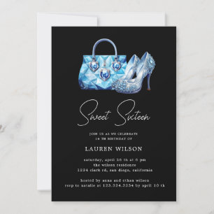blue diamonds glitter sweet sixteen birthday invitation
