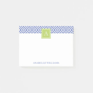 Blue Diamonds Pattern and Green Monogram Post-it Notes