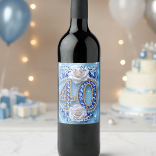 Blue Diamonds Pearls and White Rose 40th Birthday Wine Label