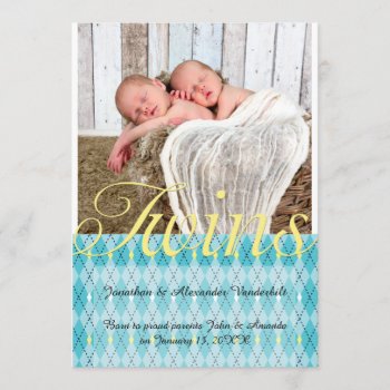 Blue Diamonds Twin Photo Baby Announcement by NoteableExpressions at Zazzle