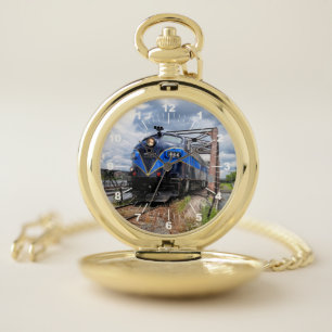 Blue Diesel Engine Locomotive on Bridge Railfan  L Pocket Watch