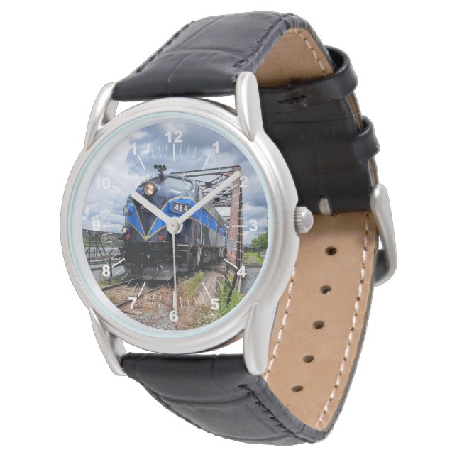 Blue Diesel Engine Locomotive on Bridge Railfan  L Watch (Angled)