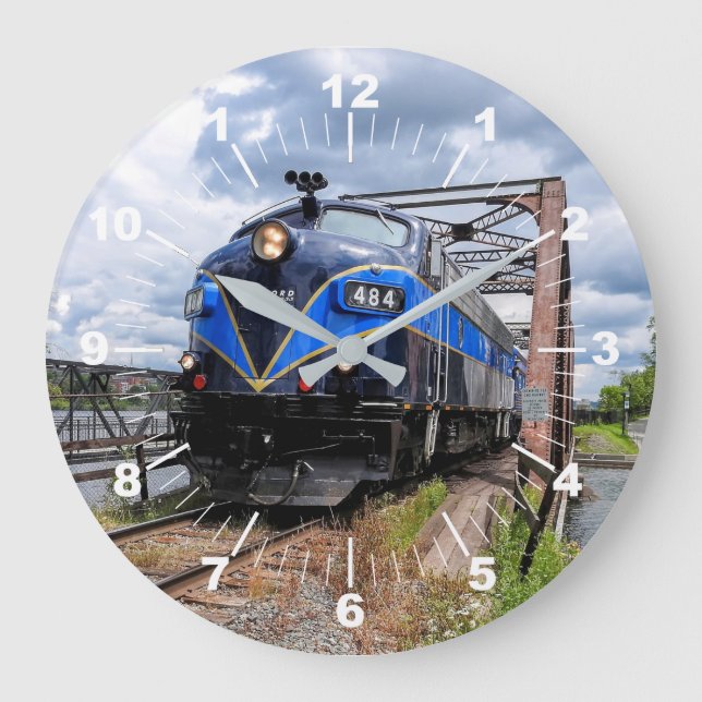Blue Diesel Engine Locomotive on Bridge Railfan  Large Clock (Front)