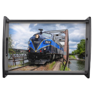 Blue Diesel Engine Locomotive on Bridge, Railfan S Serving Tray