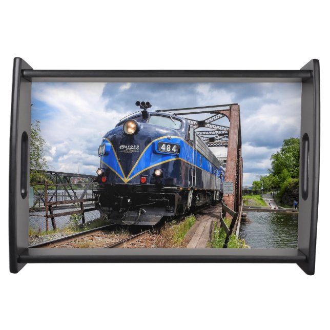 Blue Diesel Engine Locomotive on Bridge, Railfan S Serving Tray (Front)