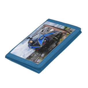 Blue Diesel Engine Locomotive on Bridge Railfan Tri-fold Wallet