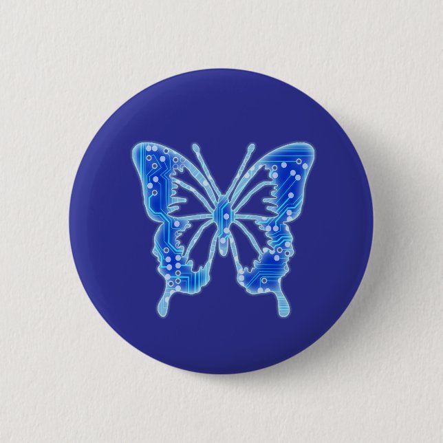 Blue Digital Butterfly, customize background  Button (Front)