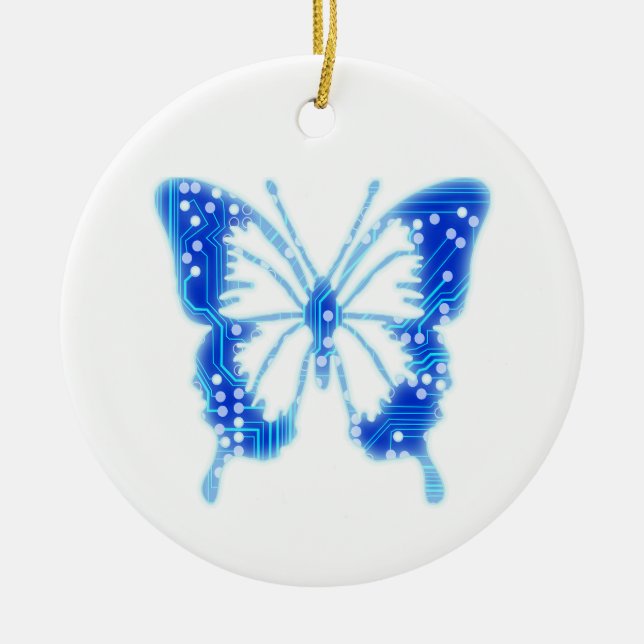 Blue Digital Butterfly, customize background  Ceramic Ornament (Front)