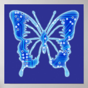 Blue Digital Butterfly, customize background Poster