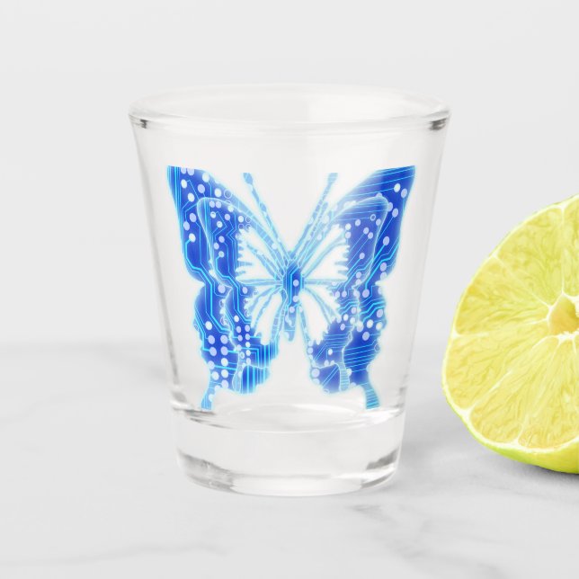 Blue Digital Butterfly, customize background  Shot Glass (Front)