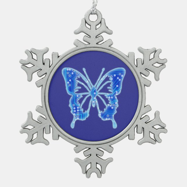 Blue Digital Butterfly, customize background  Snowflake Pewter Christmas Ornament (Front)
