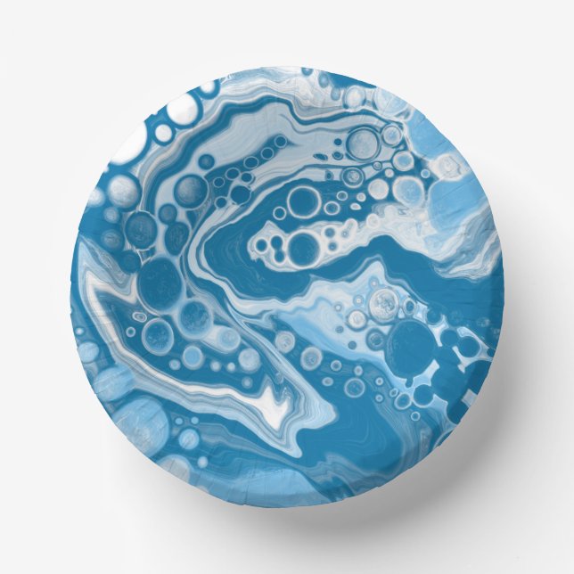  Blue Digital Fluid Art Marble Pour Painting Cells Paper Bowls (Front)